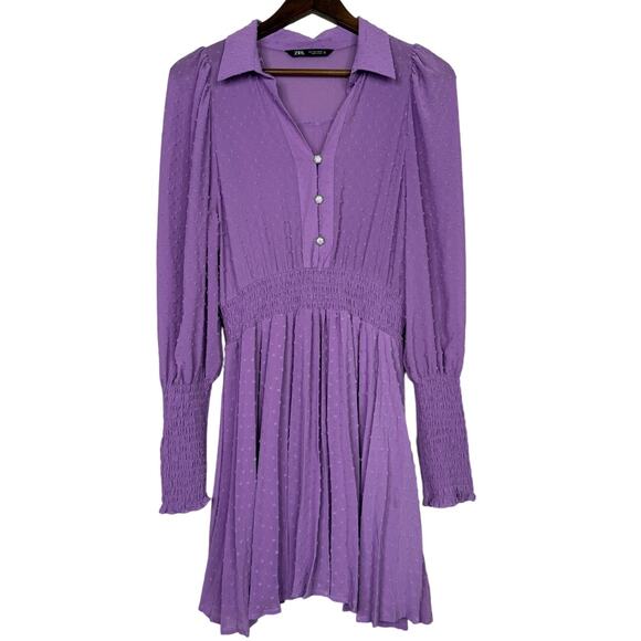 Zara Long Sleeve Ruffle Elastic Cuffs Flounced Hem 3 Buttons Mini Dress L Purple - Picture 2 of 15